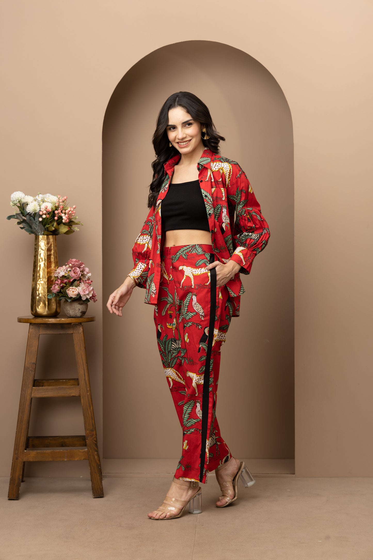 Red Jungle Printed Cotton Coord Set (Set of 2) Bold & Stylish Casual Wear with Tropical Prints