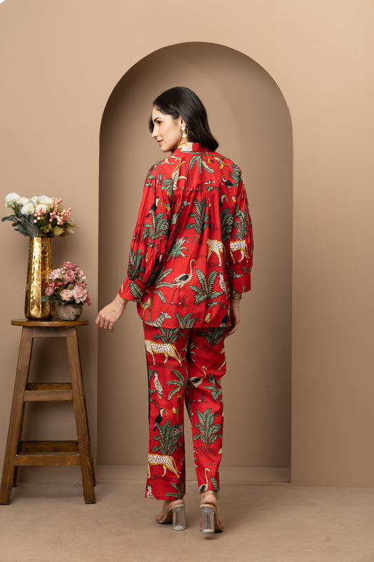 Red Jungle Printed Cotton Coord Set (Set of 2) Bold & Stylish Casual Wear with Tropical Prints