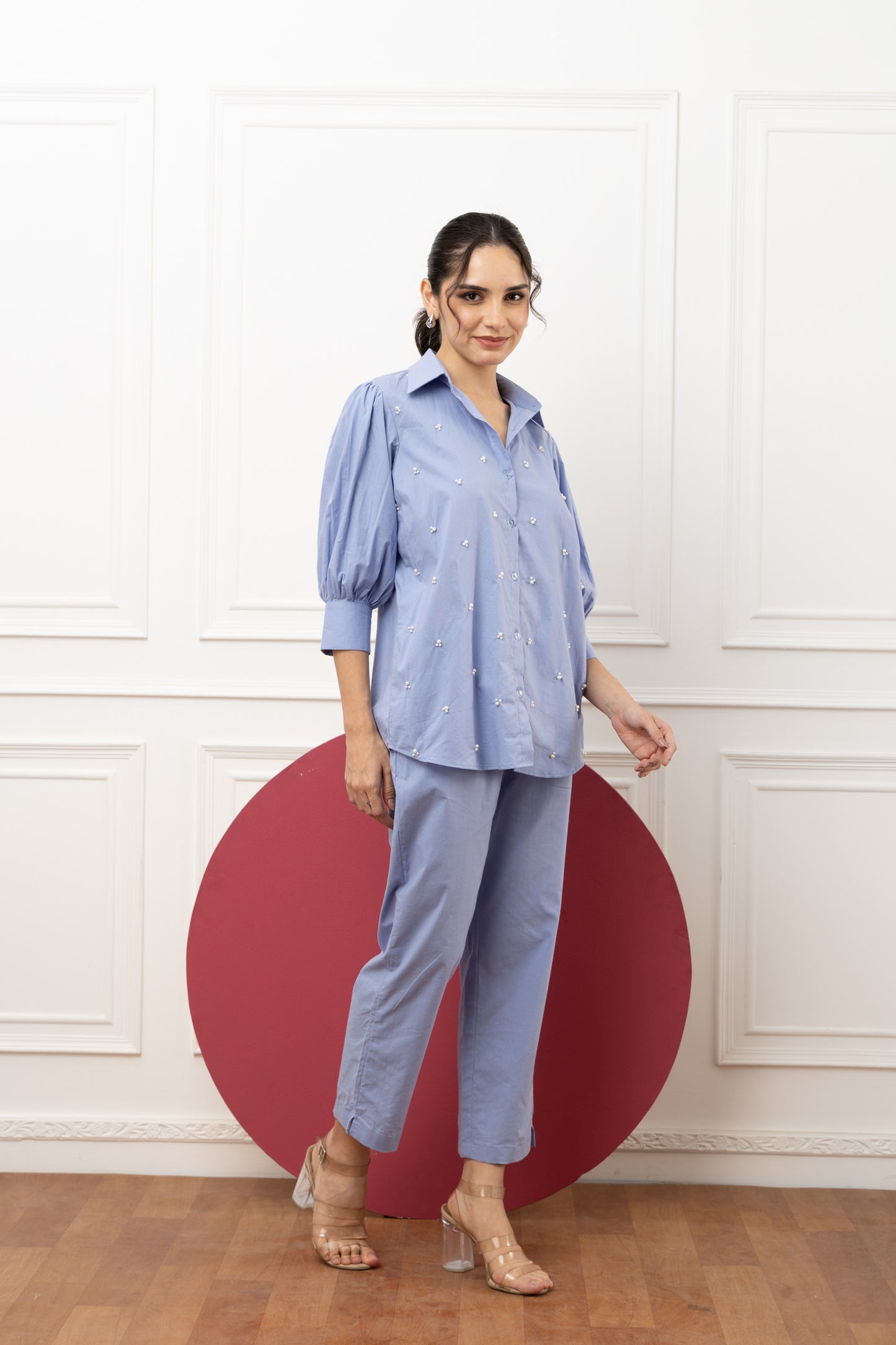 Powder Blue Pearl Embroidered Coord Set (Set of 2) Stylish and Sophisticated Casual Wear with Embellished Details