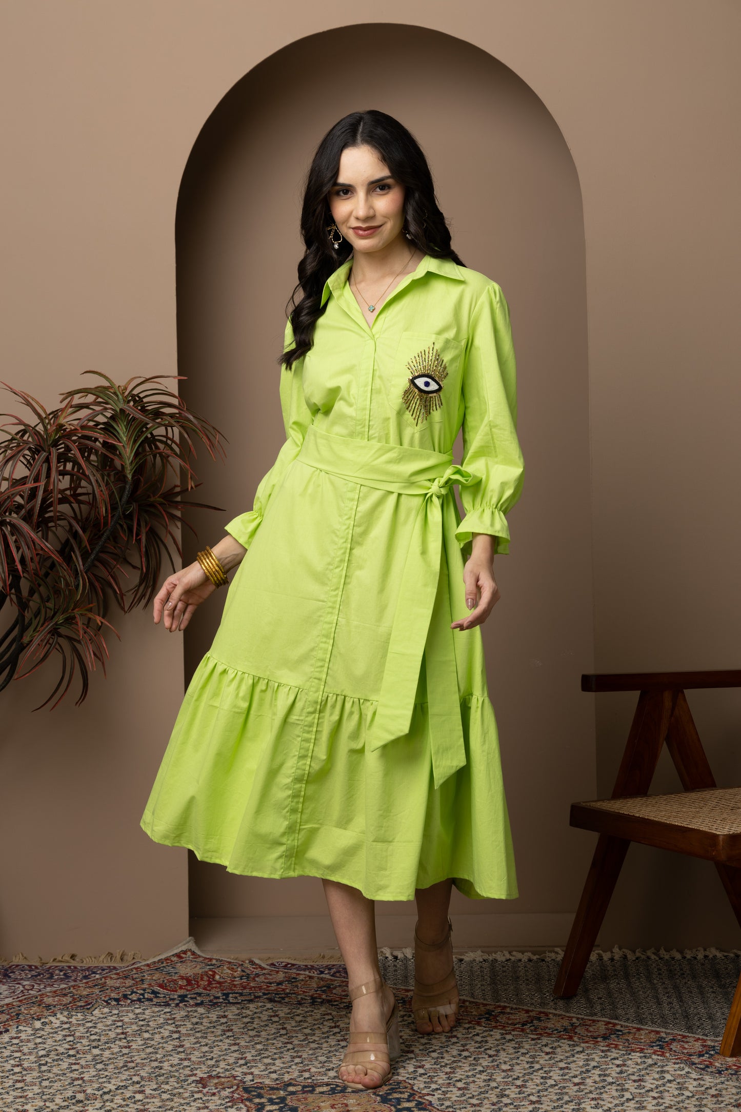 Evil Eye Lime Green Cotton Midi Dress