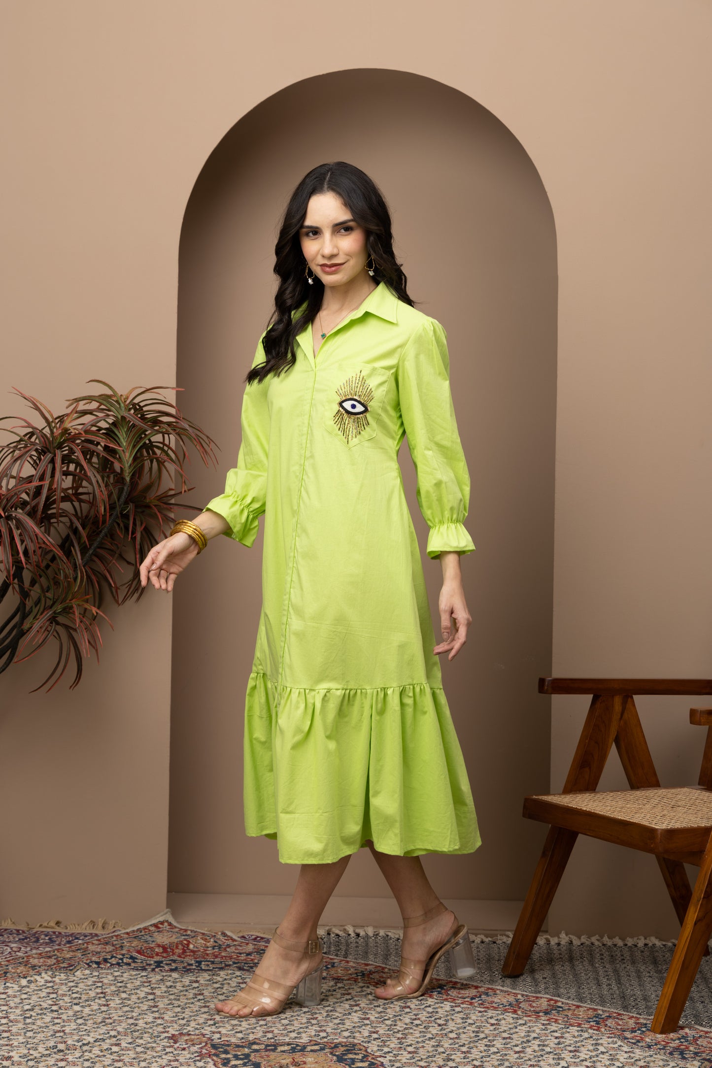 Evil Eye Lime Green Cotton Midi Dress