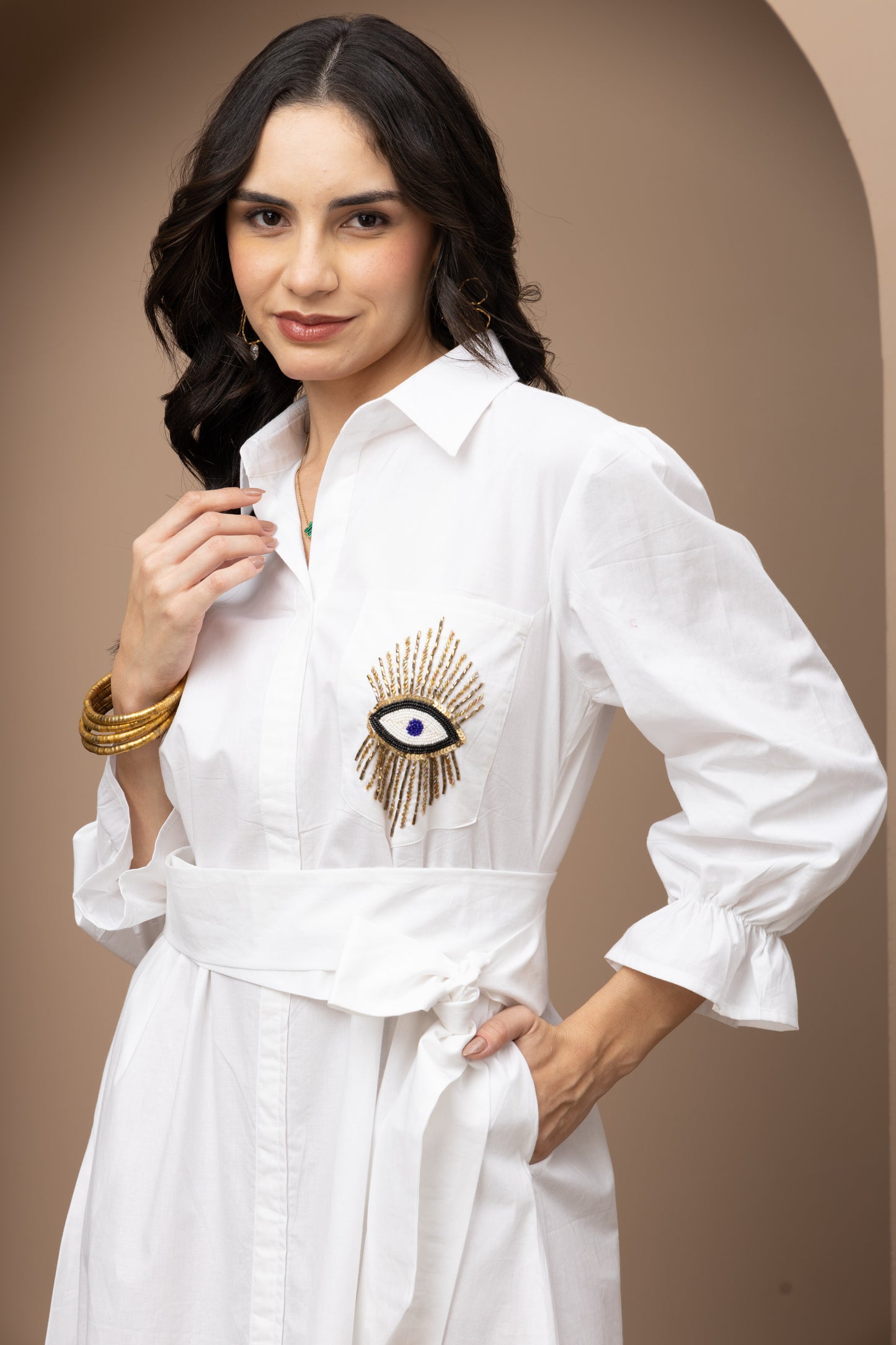 Evil Eye White Cotton Midi Dress
