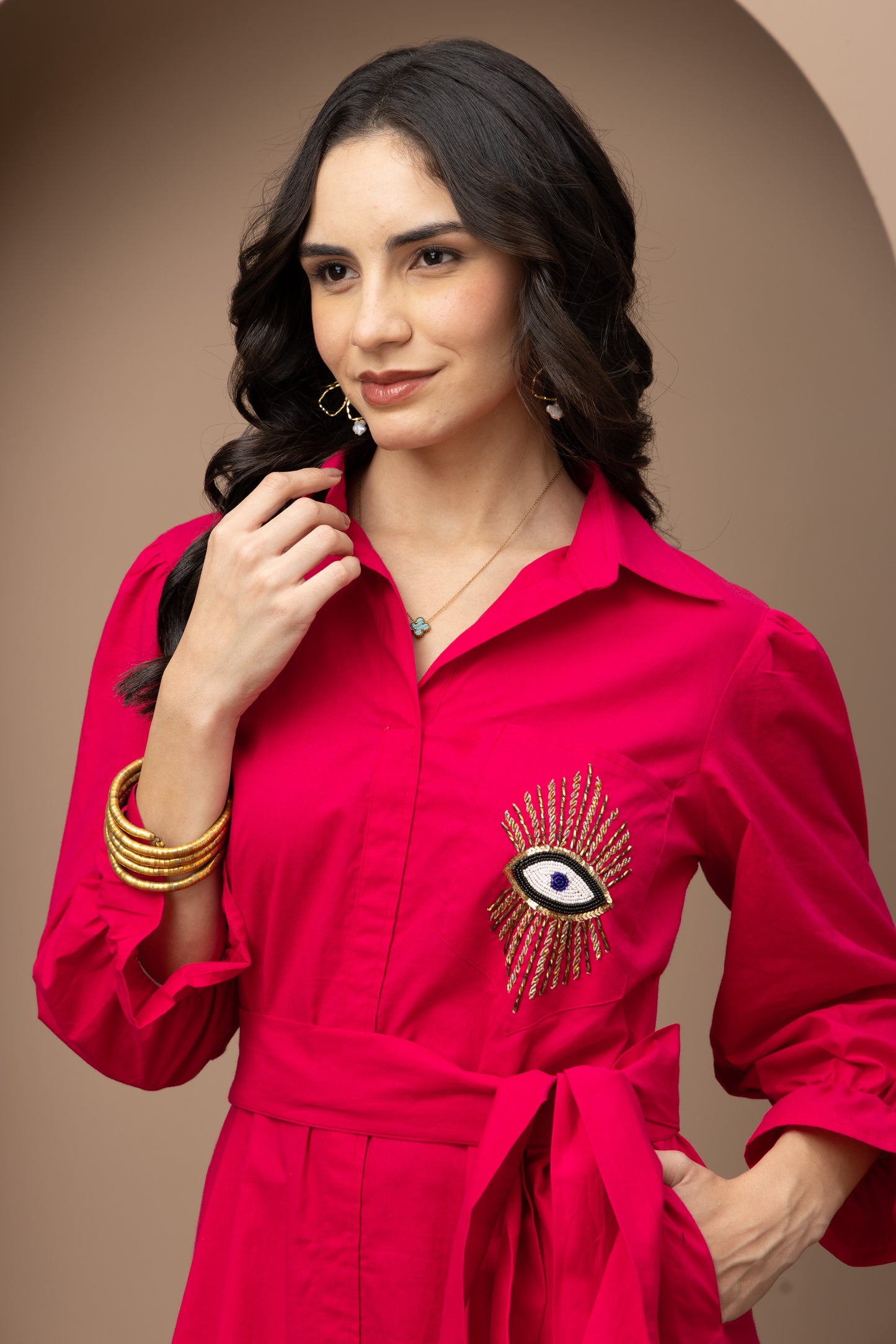 Evil Eye Hot Pink Cotton Midi Dress