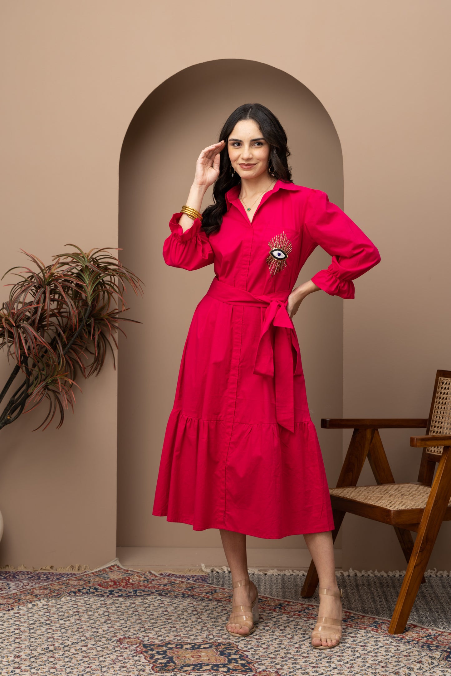 Evil Eye Hot Pink Cotton Midi Dress