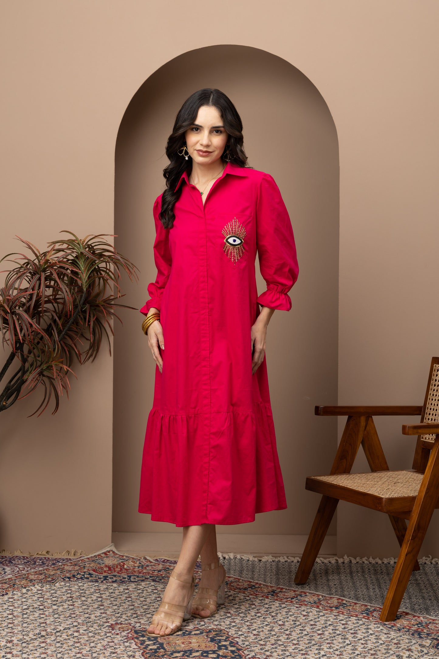 Evil Eye Hot Pink Cotton Midi Dress