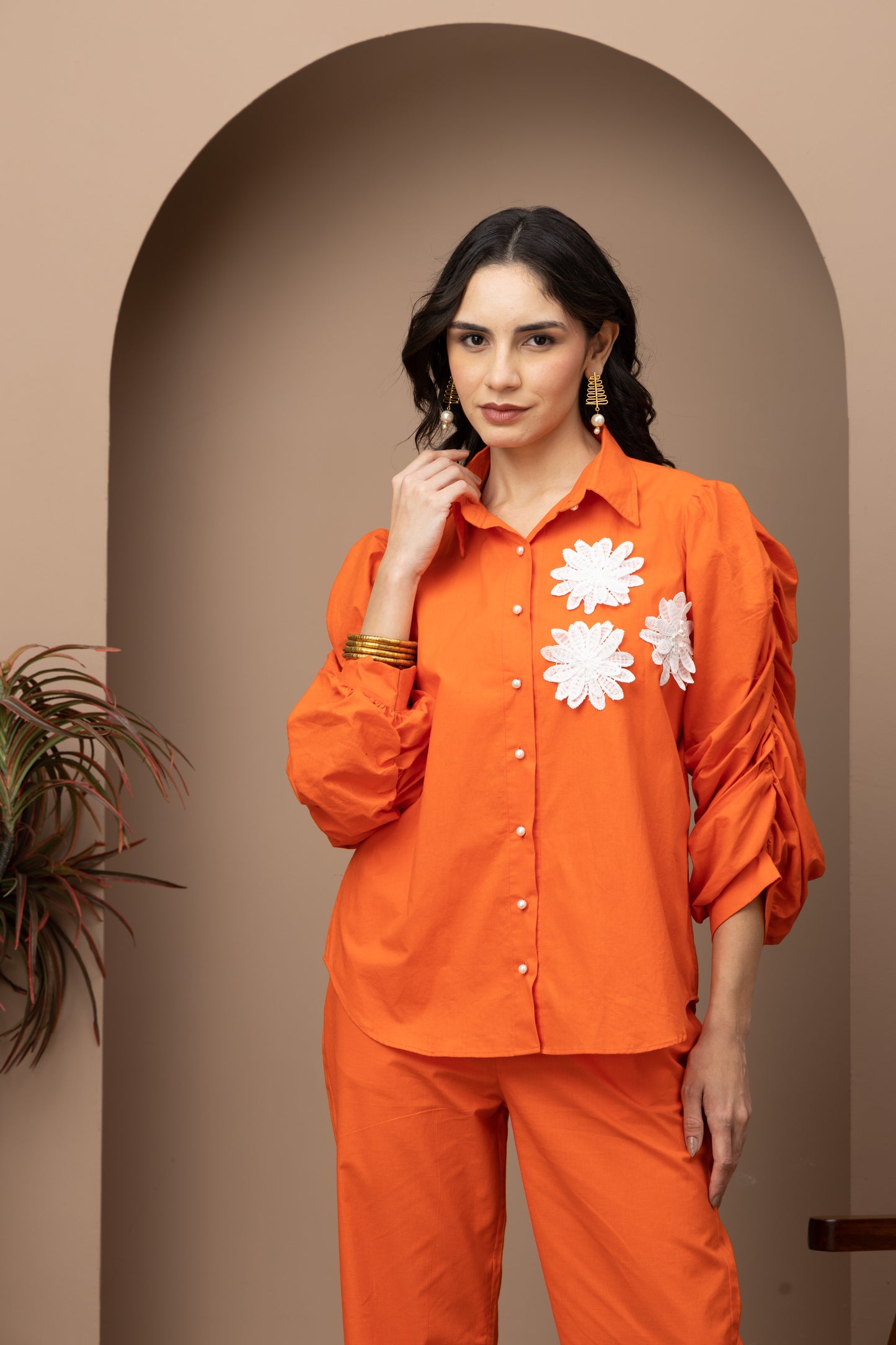 Orange Cotton Shirt with Pants Coord Set (Set of 2) Stylish and Comfortable Casual Wear for Effortless Style