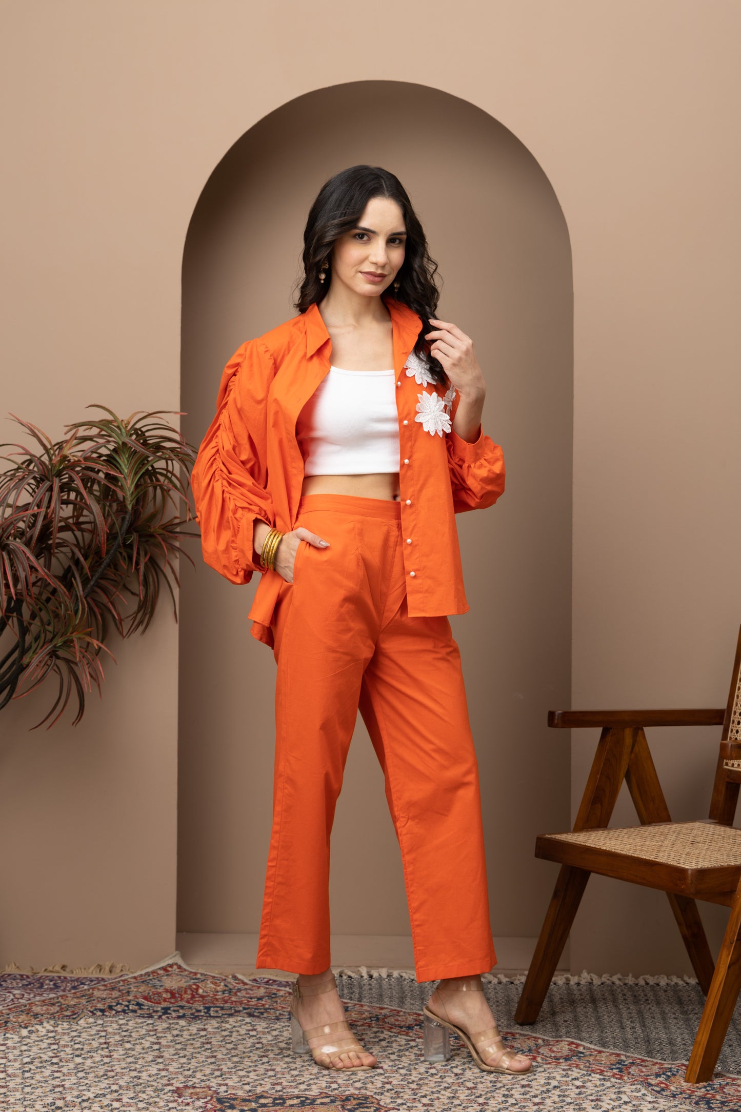 Orange Cotton Shirt with Pants Coord Set (Set of 2) Stylish and Comfortable Casual Wear for Effortless Style