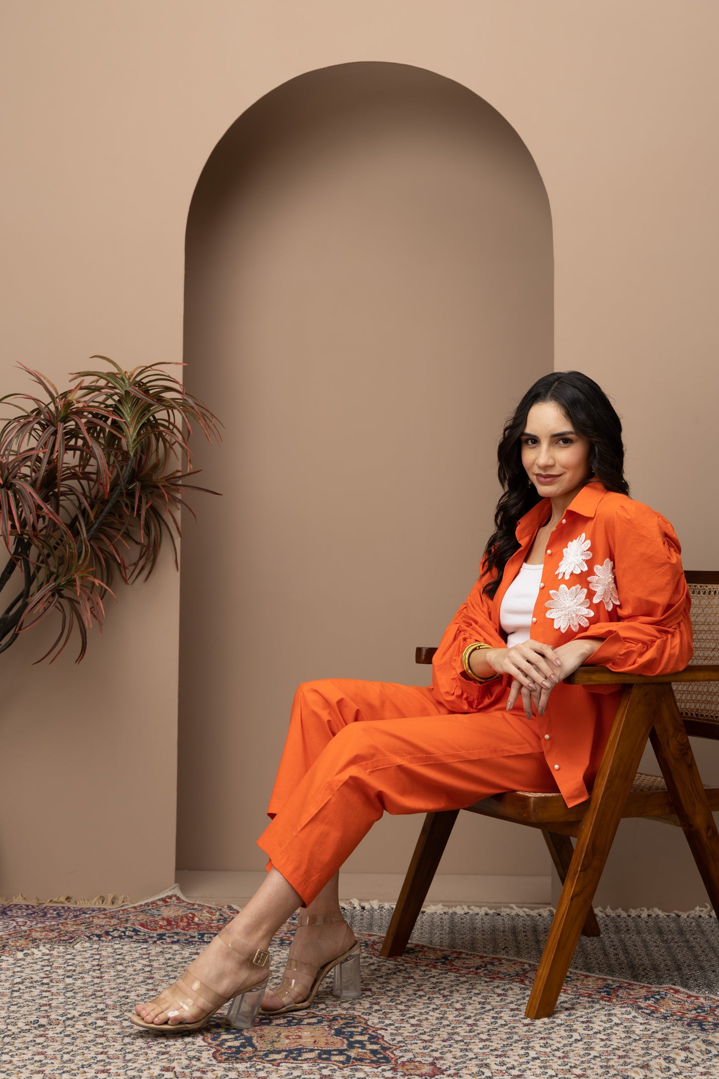 Orange Cotton Shirt with Pants Coord Set (Set of 2) Stylish and Comfortable Casual Wear for Effortless Style