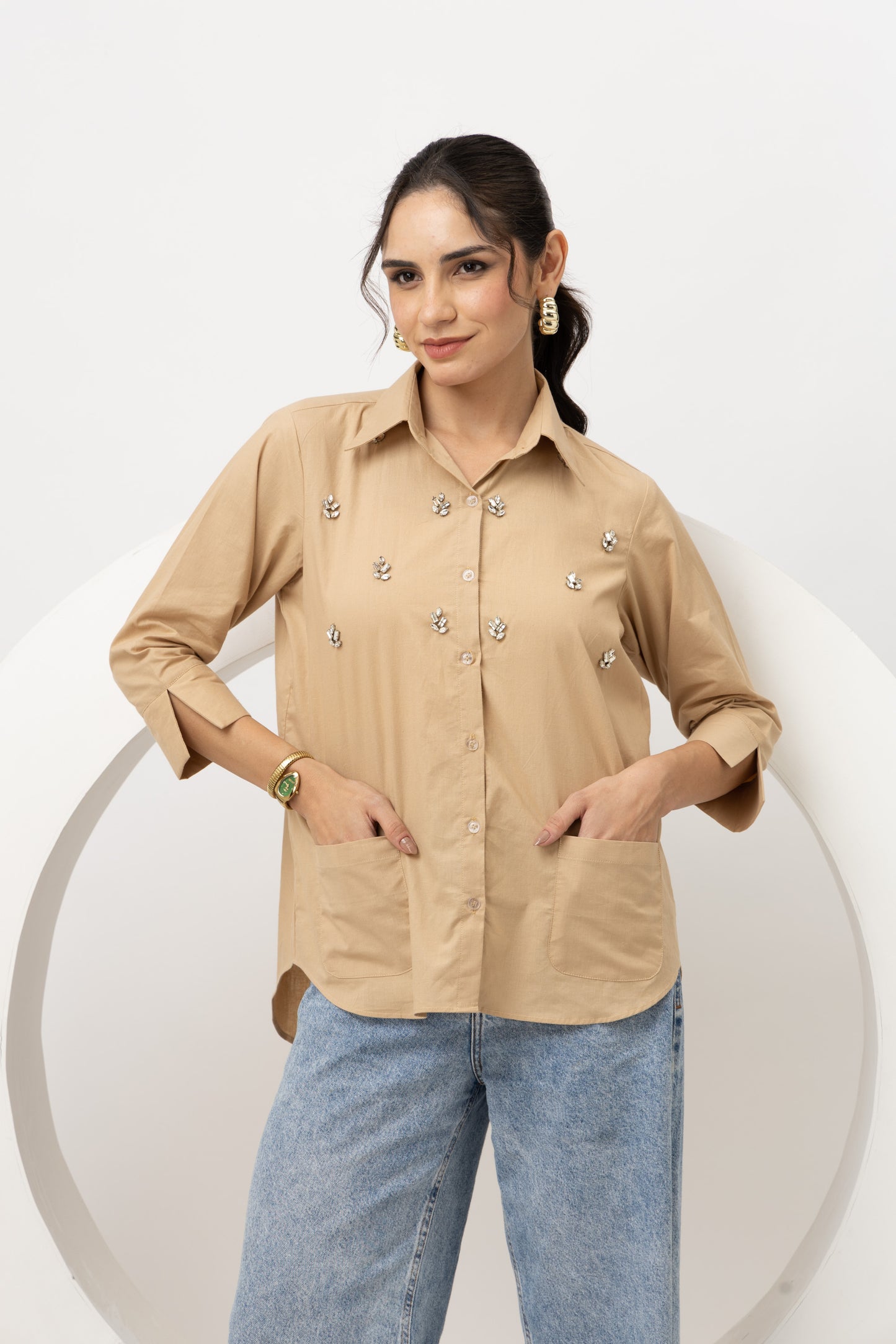 Beige crystal cotton shirt
