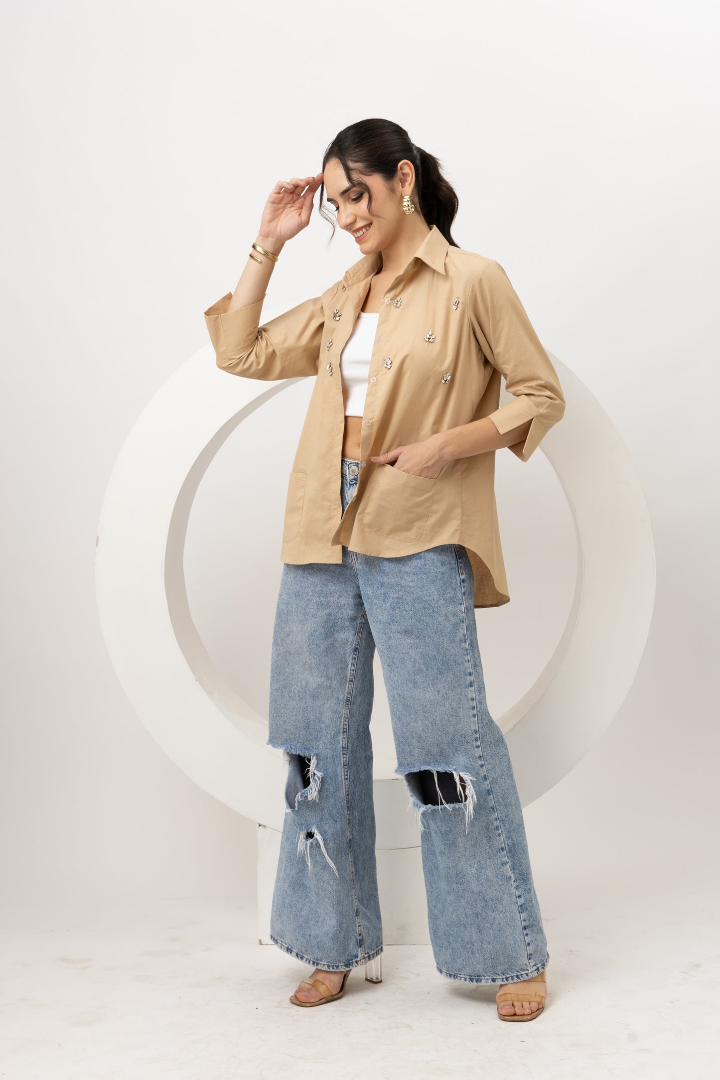 Beige crystal cotton shirt