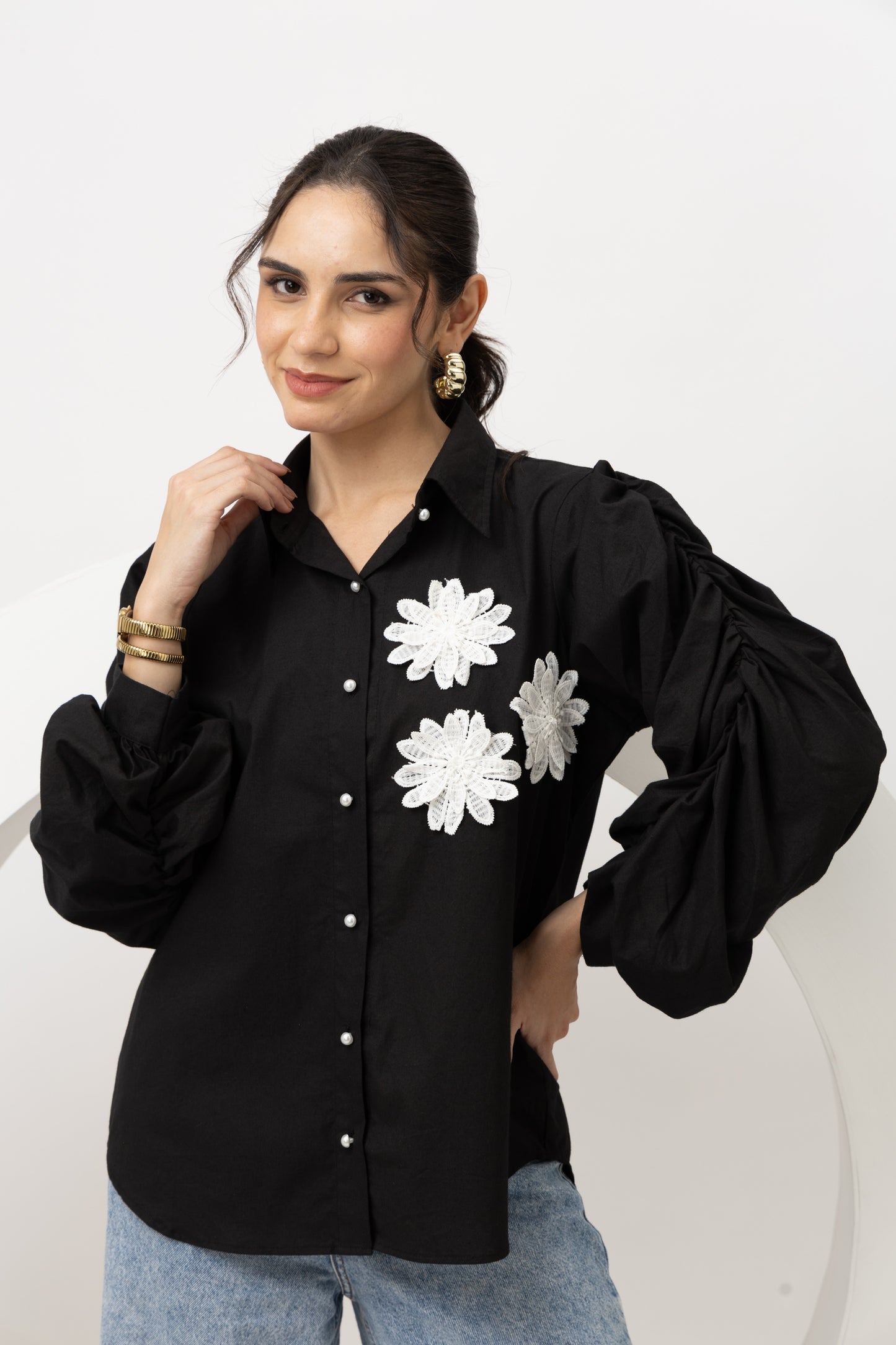 Black cotton puff sleeves shirt