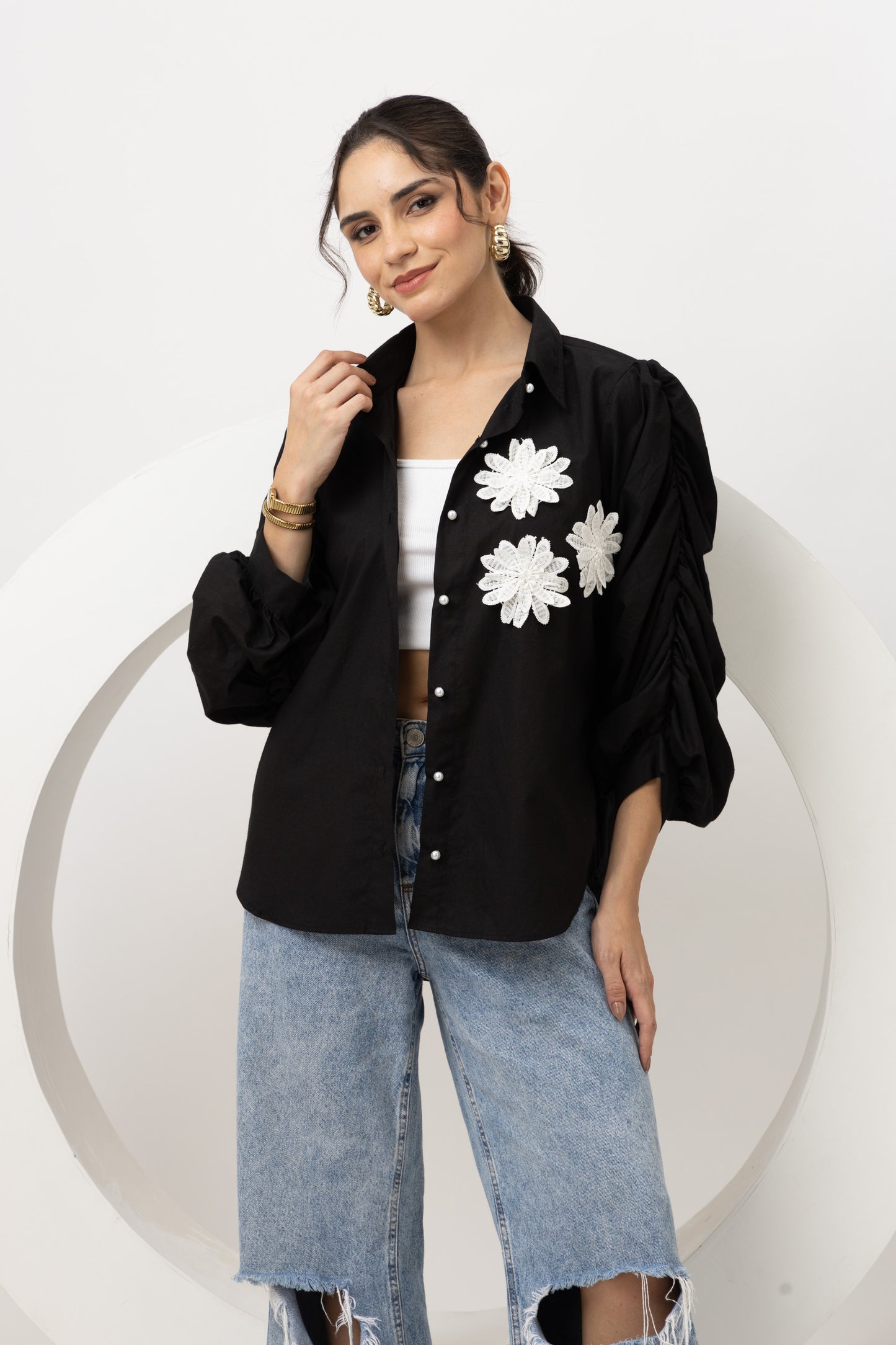 Black cotton puff sleeves shirt