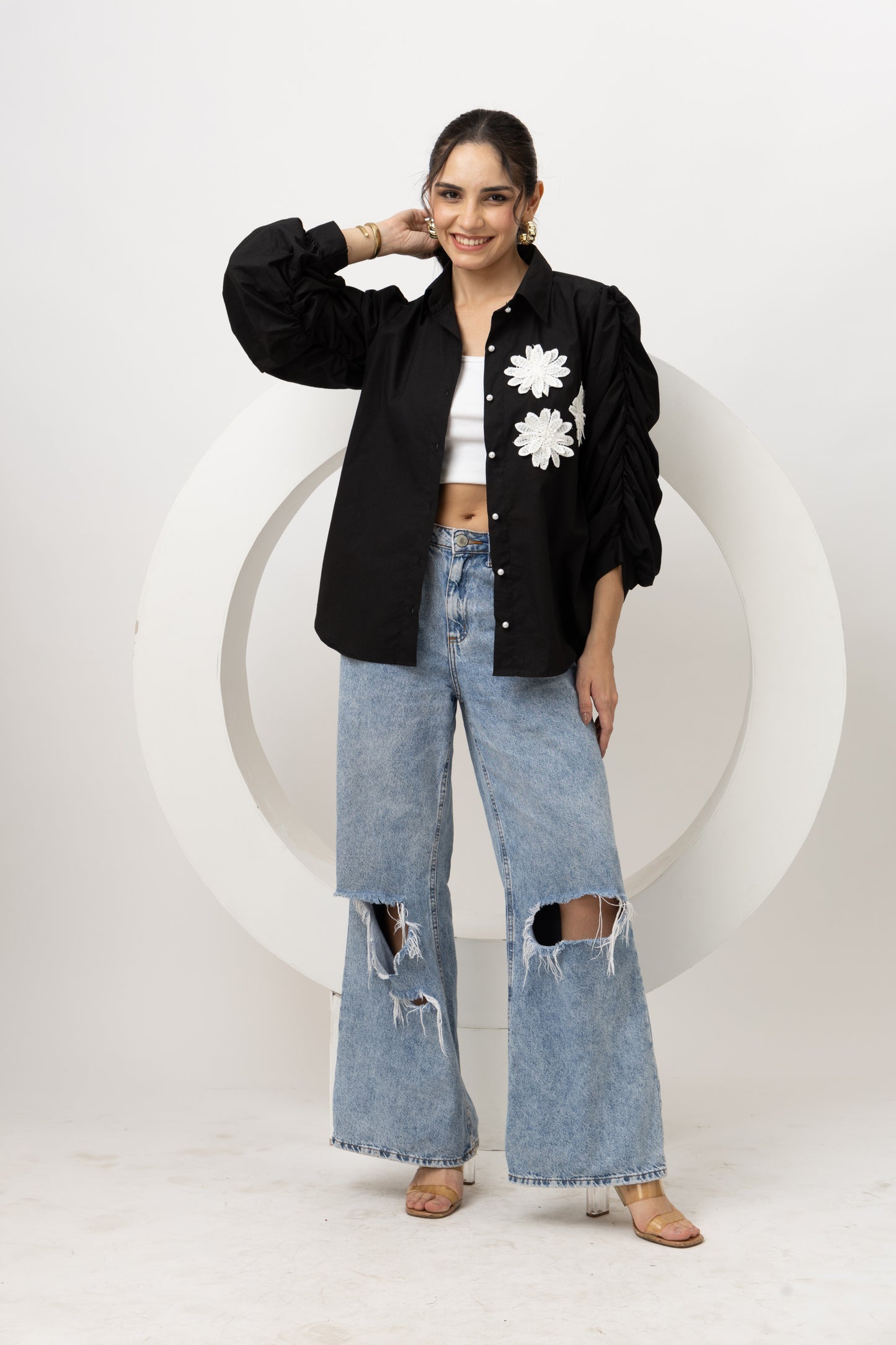 Black cotton puff sleeves shirt