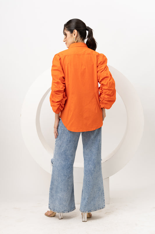 Orange cotton puff sleeves shirt