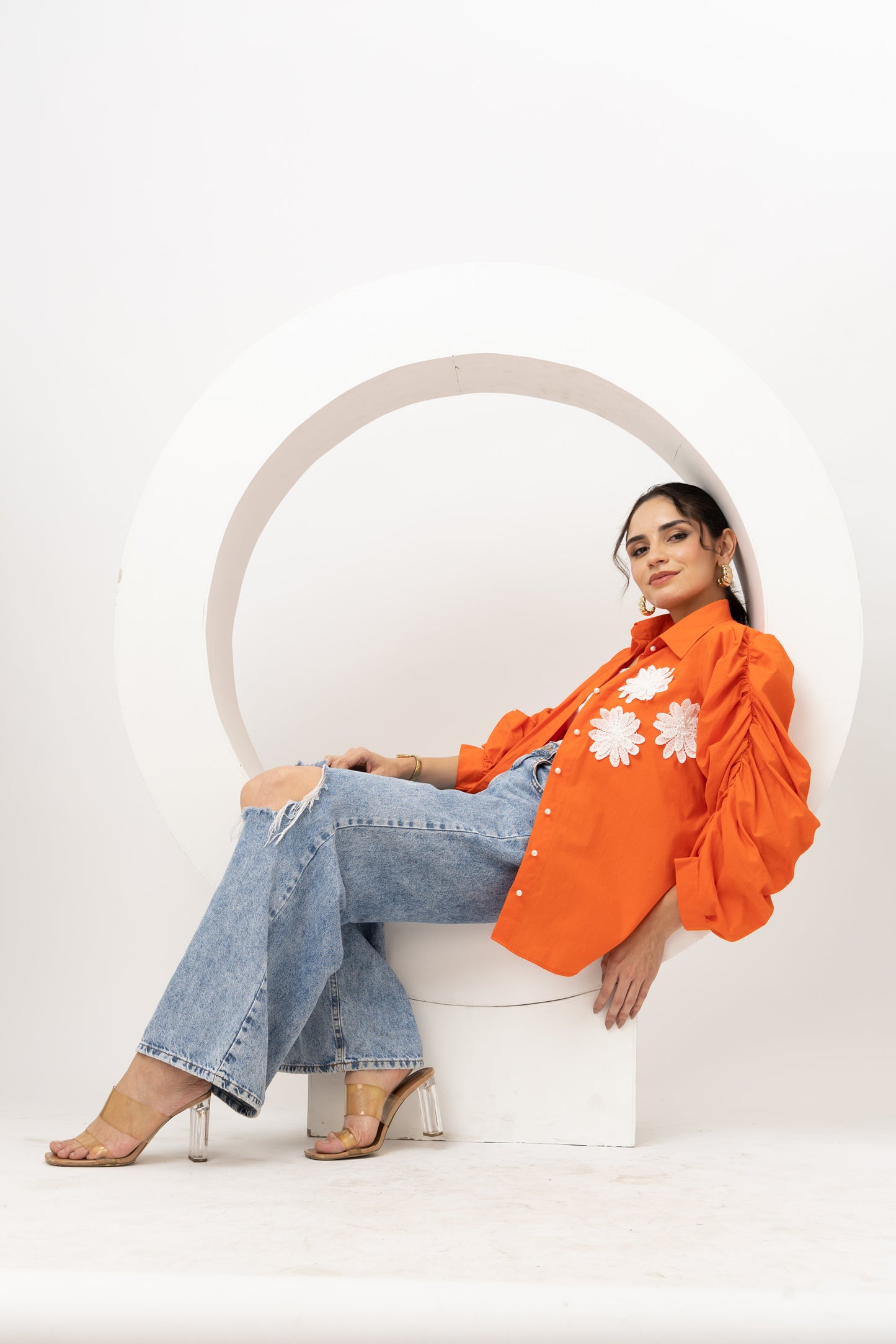 Orange cotton puff sleeves shirt