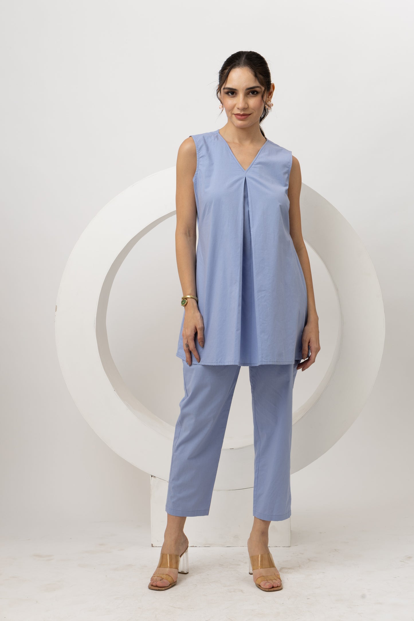 Sky Blue Solid Cotton Top with Pants Set - Comfortable & Stylish Two-Piece Outfit