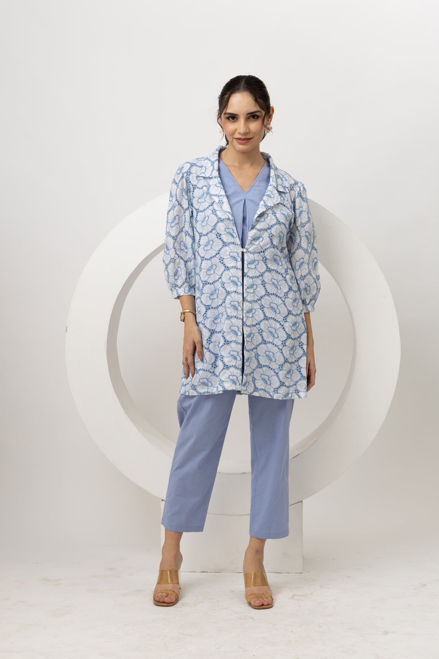 Meher Blue Schiffli Jacket with Top and Pants Set Elegant 3-Piece Outfit for Every Occasion