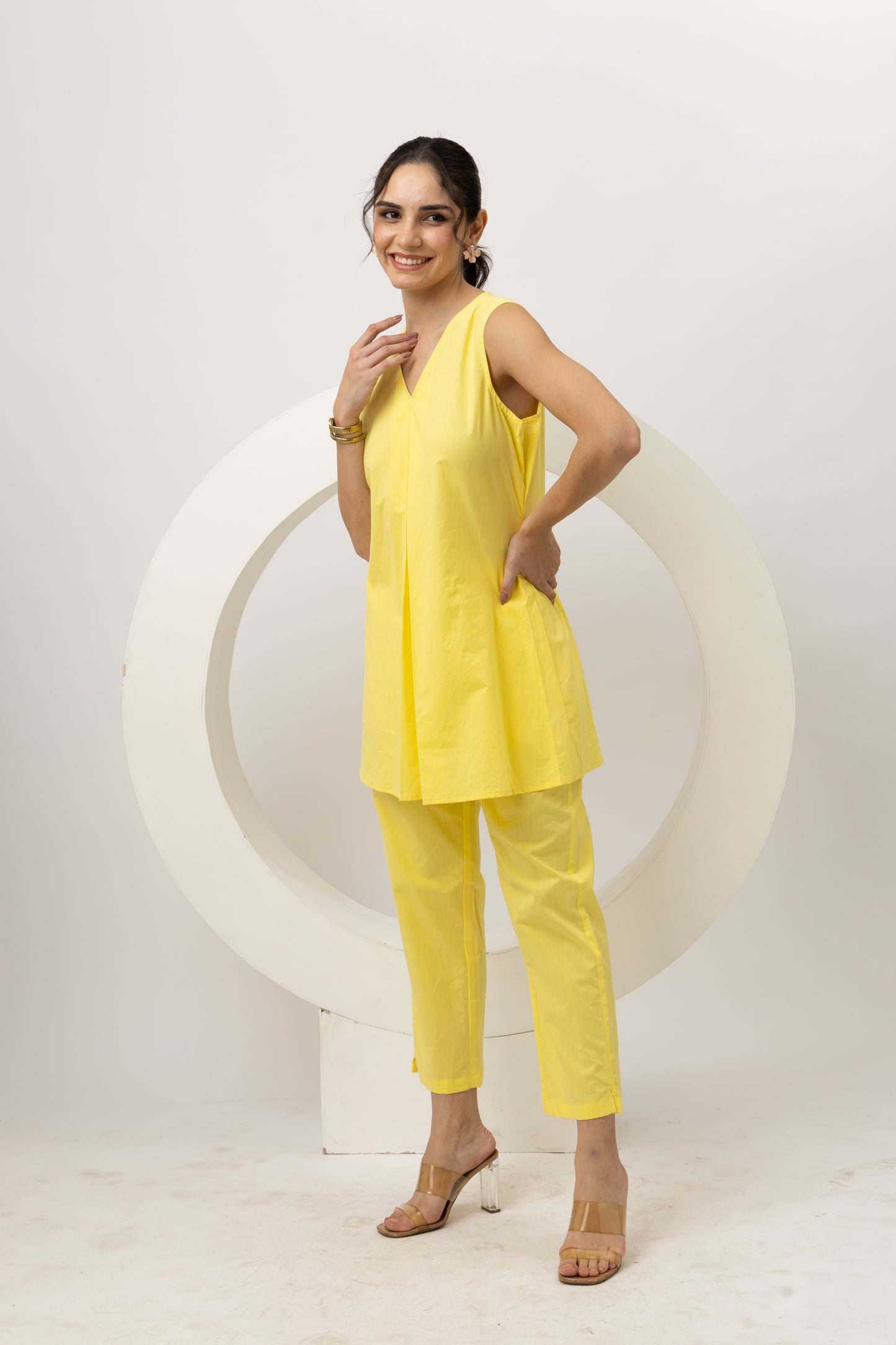 Lemon Yellow Solid Cotton Top with Pants Set Bright & Breezy Two-Piece Outfit