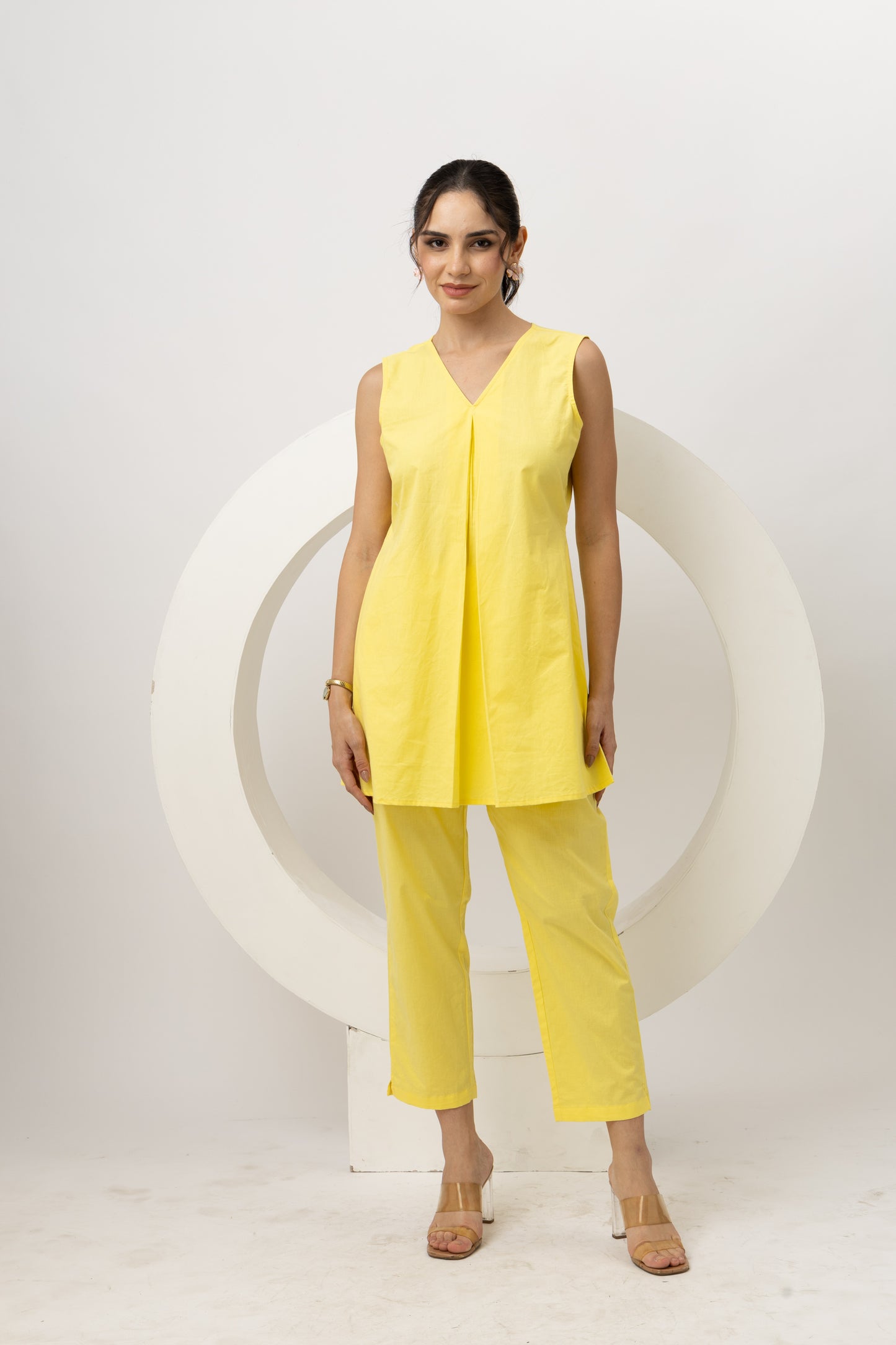 Lemon Yellow Solid Cotton Top with Pants Set Bright & Breezy Two-Piece Outfit