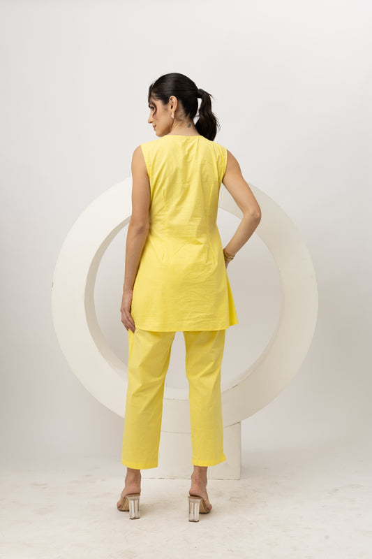 Lemon Yellow Solid Cotton Top with Pants Set Bright & Breezy Two-Piece Outfit
