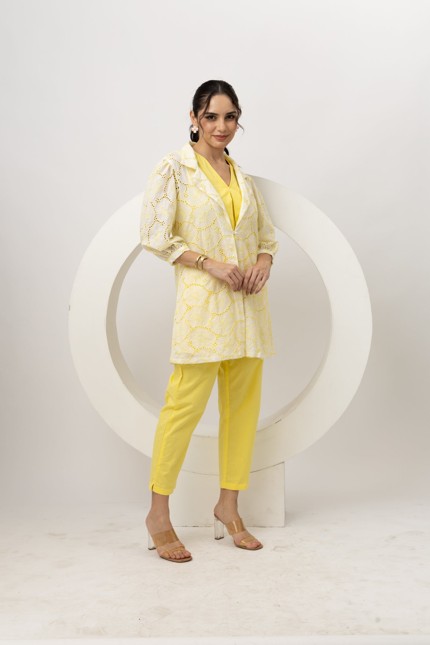 Meher Yellow Schiffli Jacket with Top and Pants Set Elegant 3-Piece Embroidered Ensemble