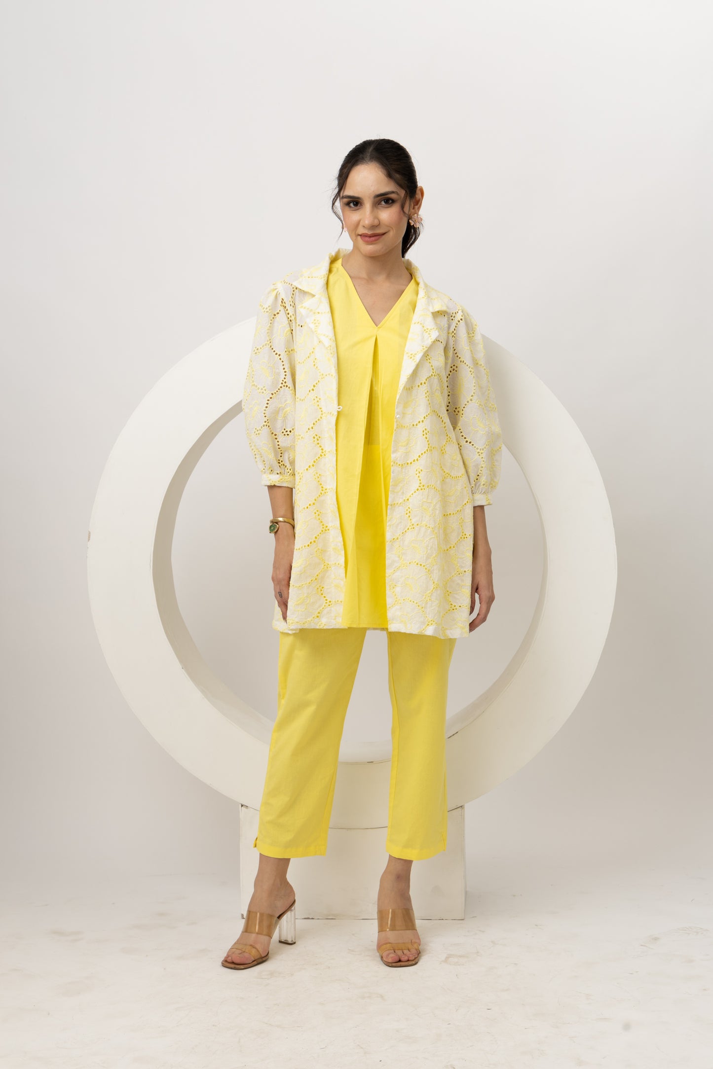 Meher Yellow Schiffli Jacket with Top and Pants Set Elegant 3-Piece Embroidered Ensemble
