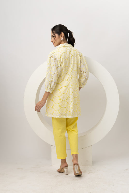 Meher Yellow Schiffli Jacket with Top and Pants Set Elegant 3-Piece Embroidered Ensemble