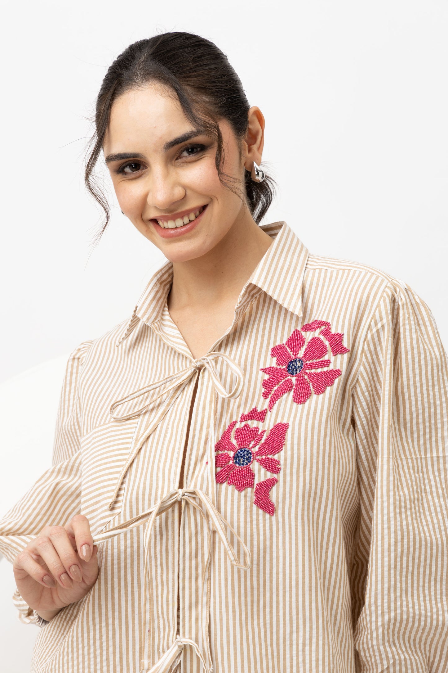 Striped beige tie up coord set (set of 2)