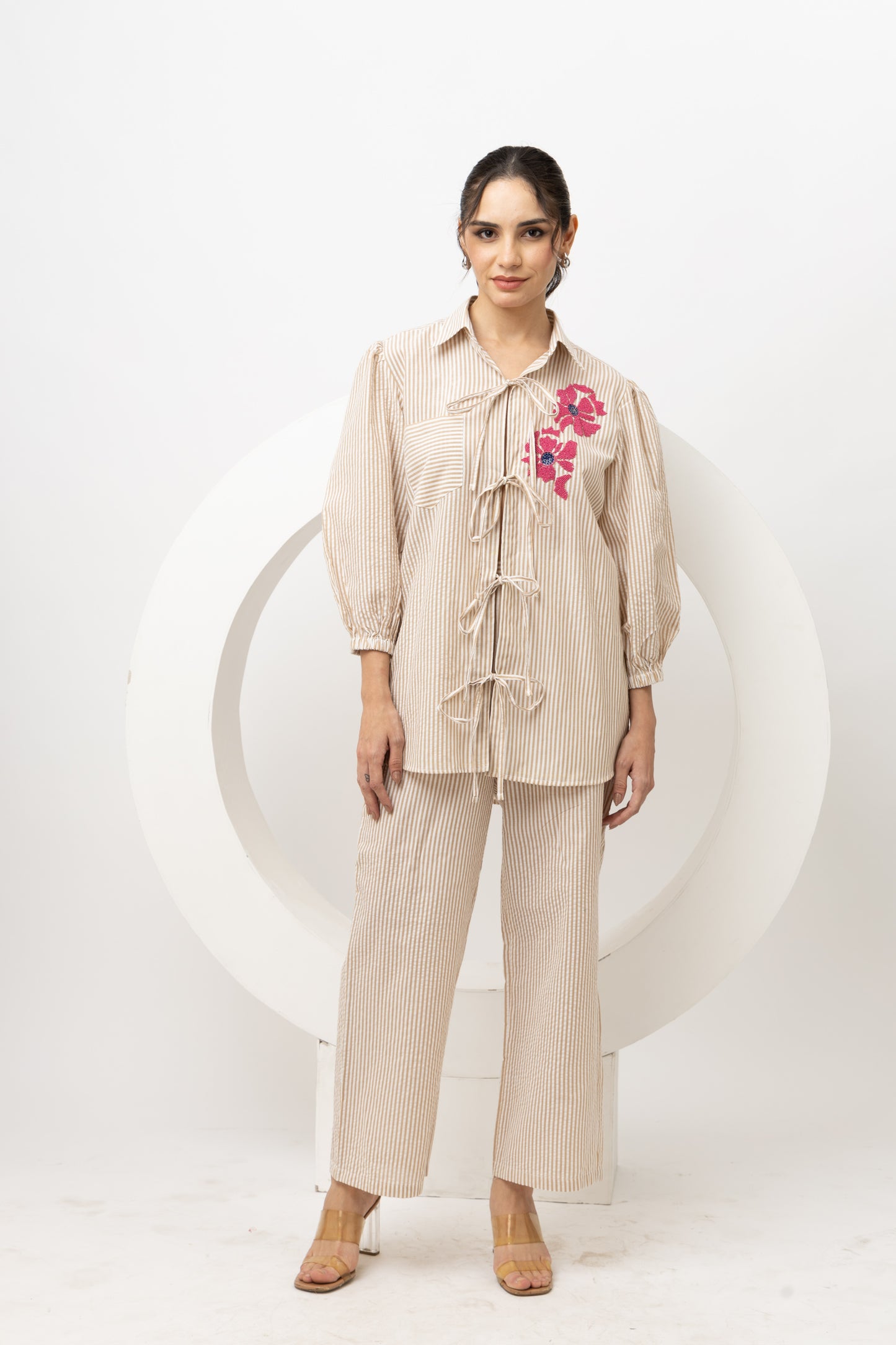 Striped beige tie up coord set (set of 2)