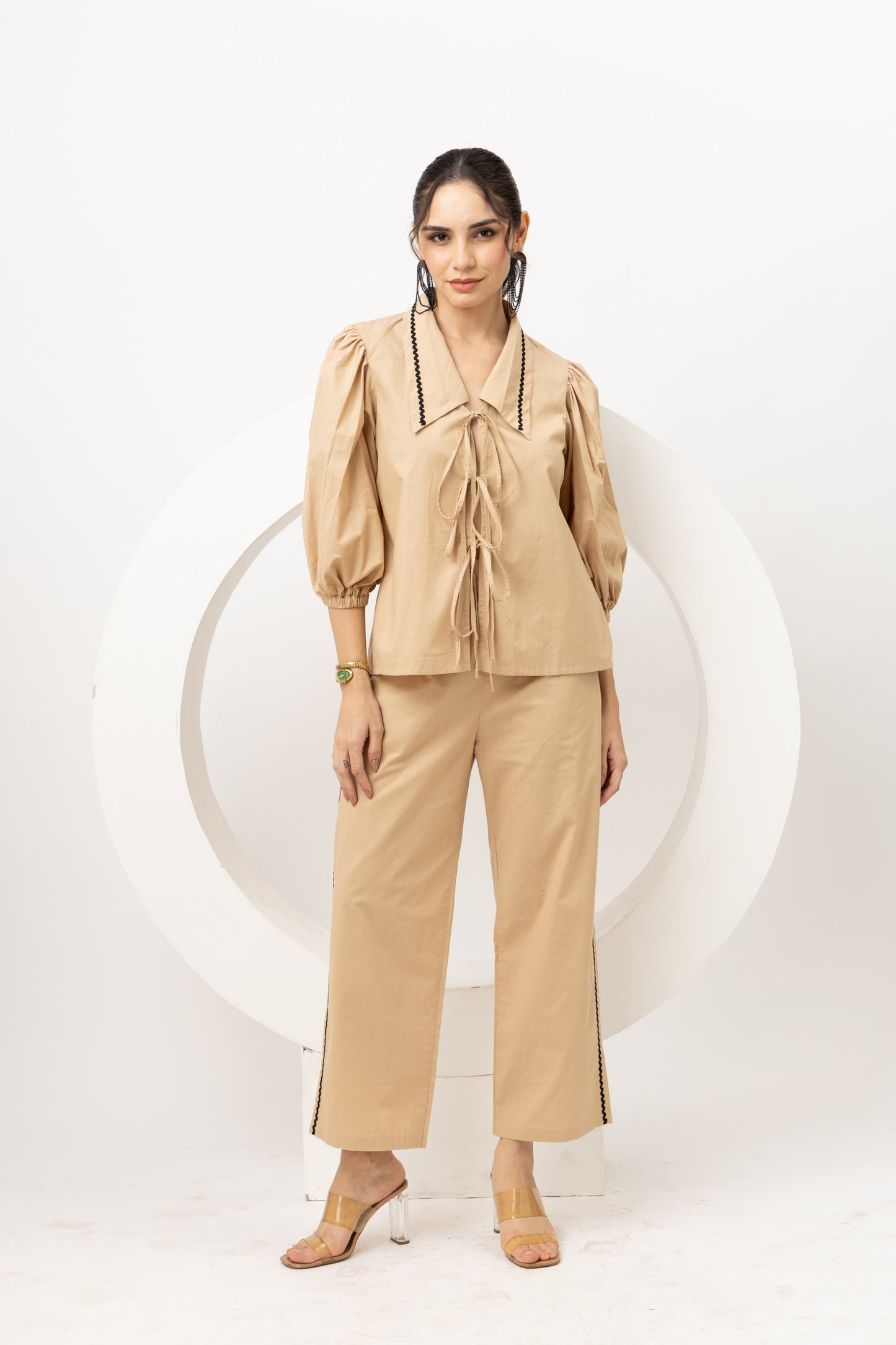 Beige tie up cotton coords (set of 2)