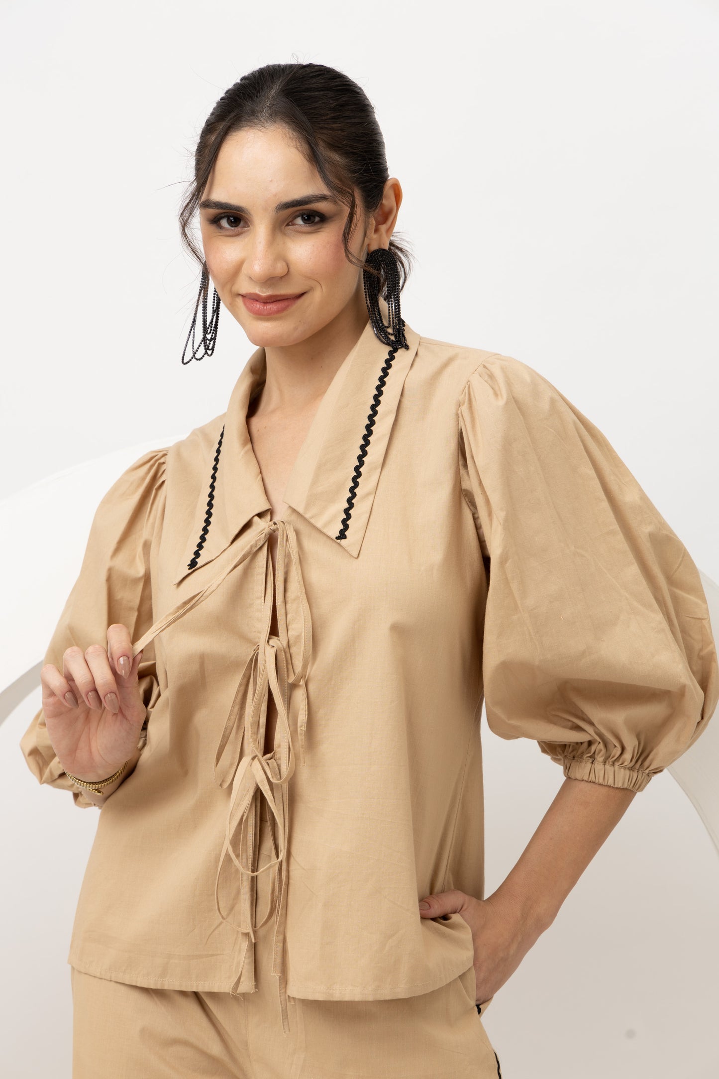Beige tie up cotton coords (set of 2)