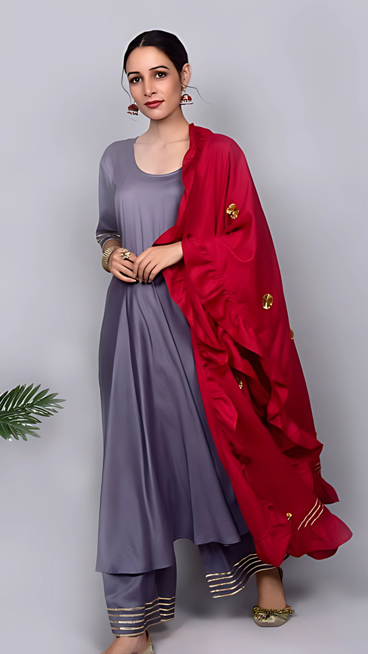 Zubaida Grey And Maroon Suit With Frill Dupatta Set 3