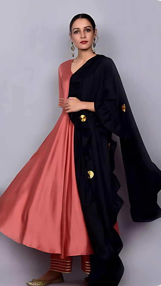 Zubaida Peach And Black Frill Suit With Dupatta Set