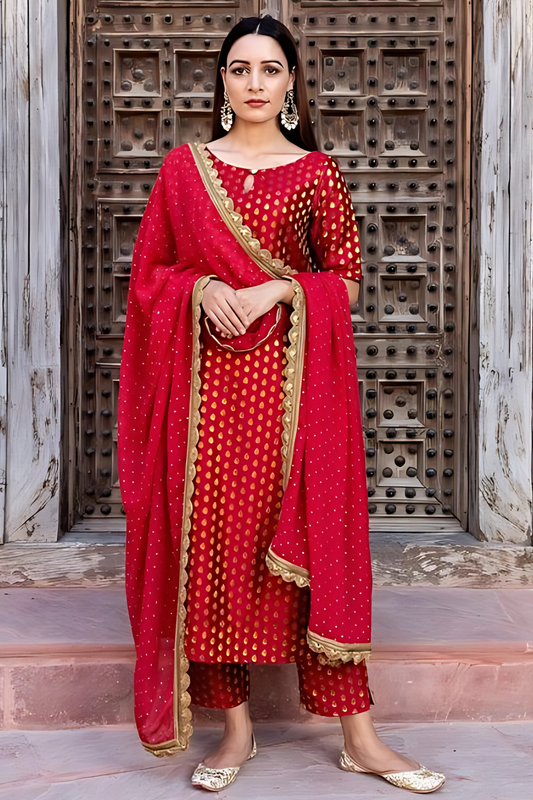 Deep Red Brocade Kurta And Pant With Dupatta (Set of 3)
