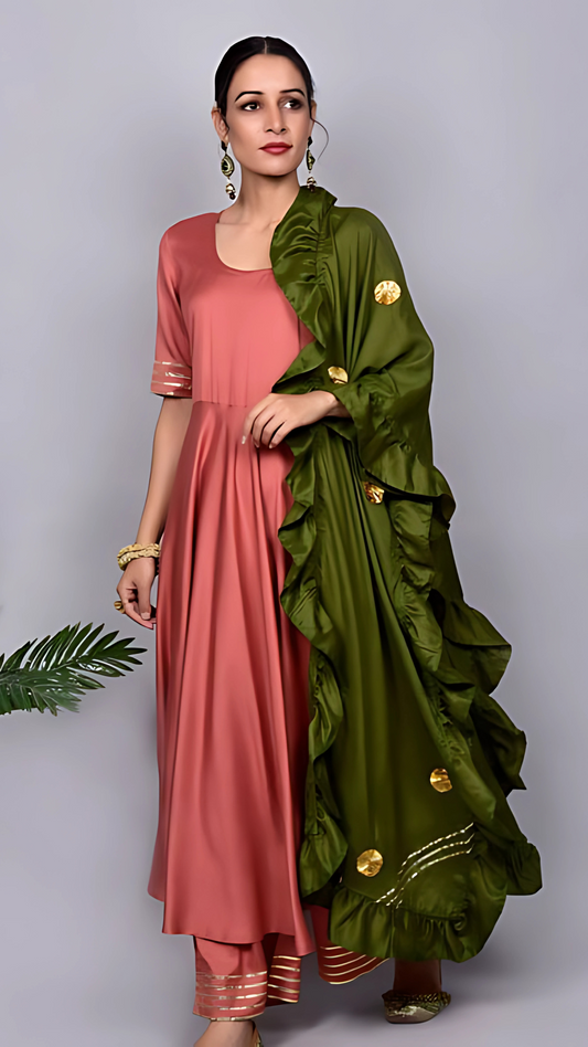 Zubaida Peach And Olive Frillsuit With Dupatta Set (Set of 3)
