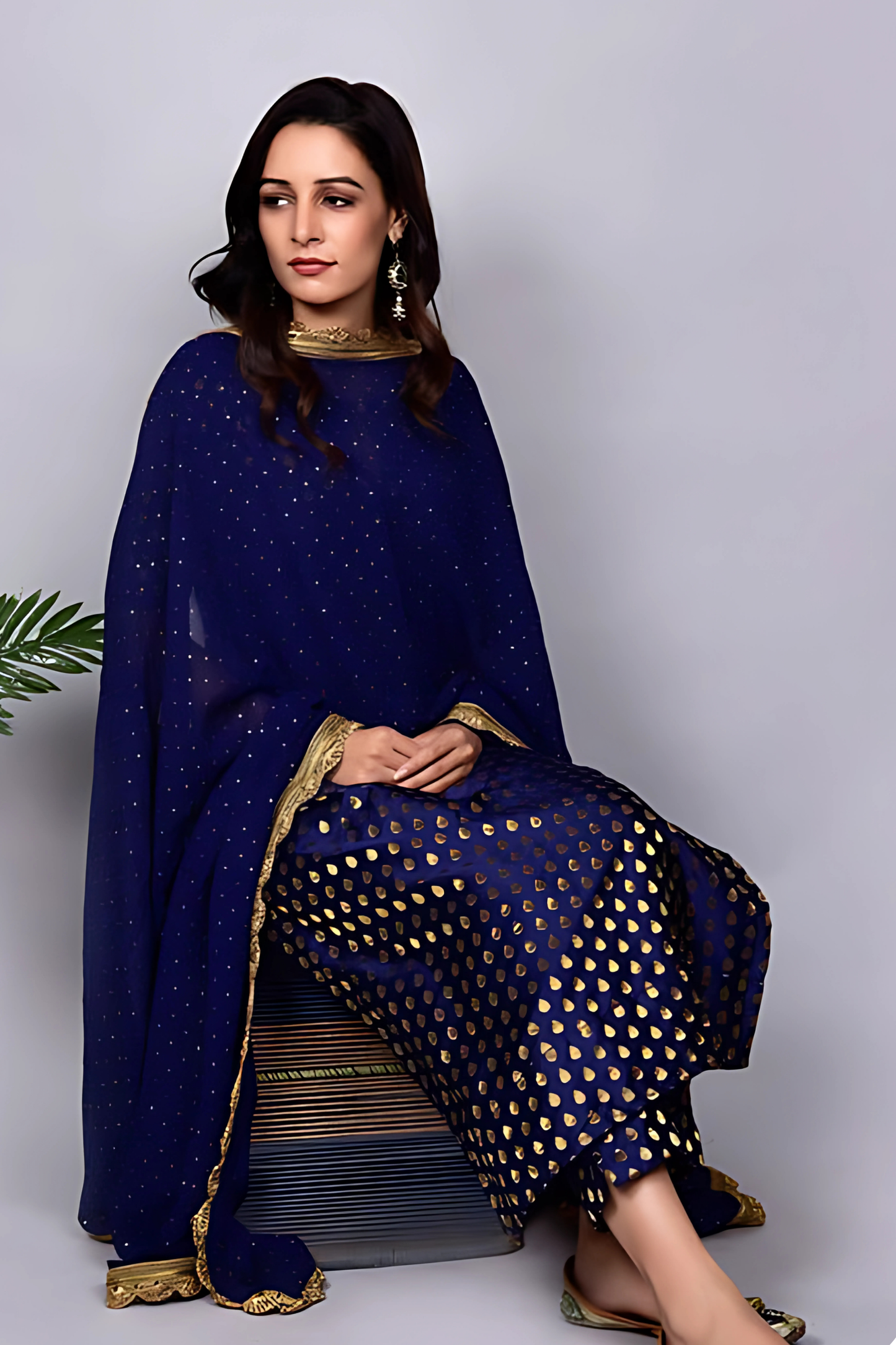Navy Blue Brocade Twin Set With Dupatta Set 3