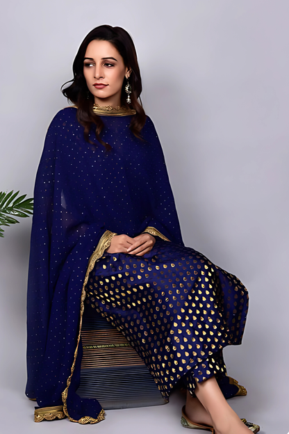 Navy Blue Brocade Twin Set With Dupatta Set 3