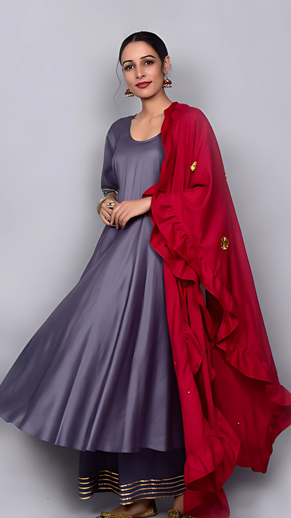 Zubaida Grey And Maroon Suit With Frill Dupatta Set 3