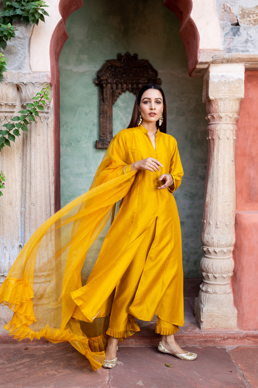 Marigold Mustard Silk Kurta And Pant With Dupatta (Set of 3)