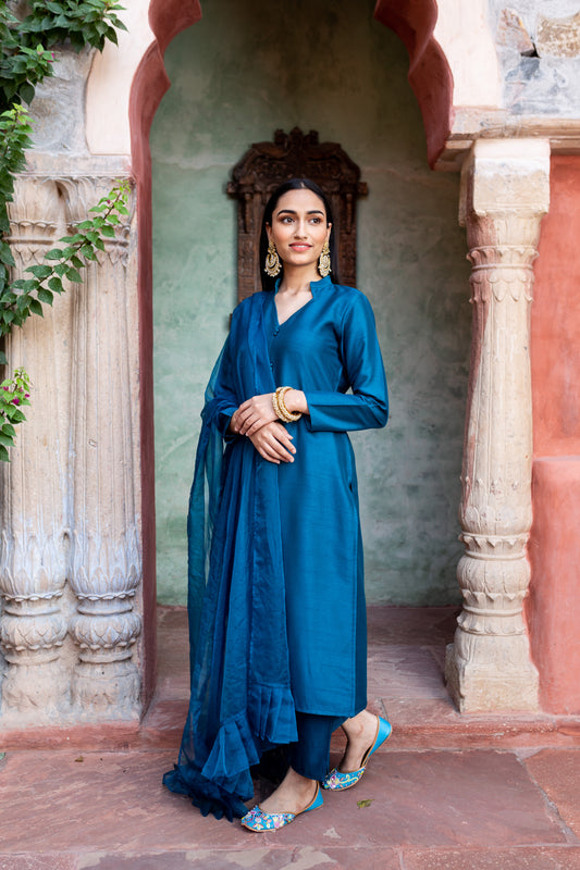Afsana Teal Blue Silk Kurta And Pant With Dupatta (Set of 3)