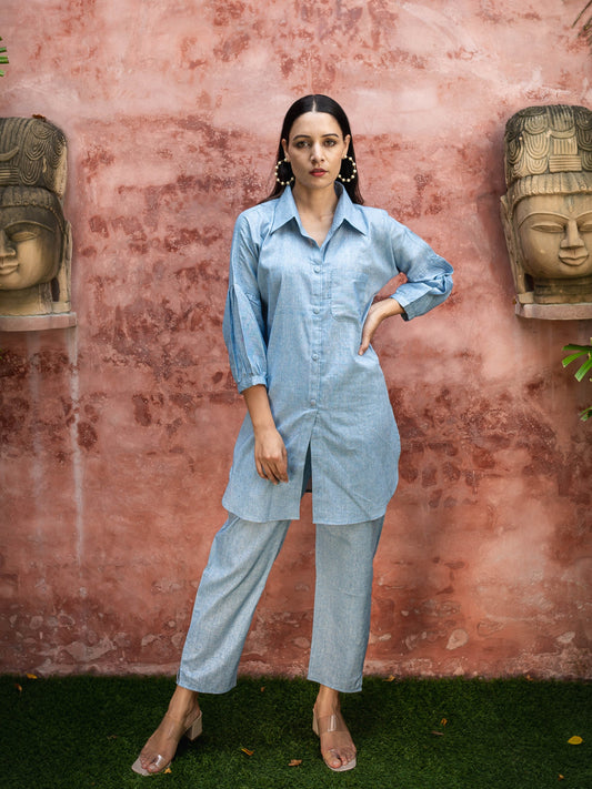Blue khadi shirt coord set