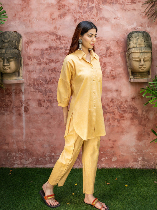 Yellow khadi shirt coord set