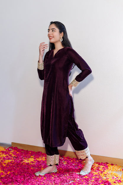 Wine velvet kurta with palazzo ( set of 2)