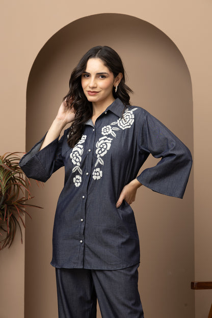 Blue Denim Pearl Embroidered Coord Set (Set of 2)