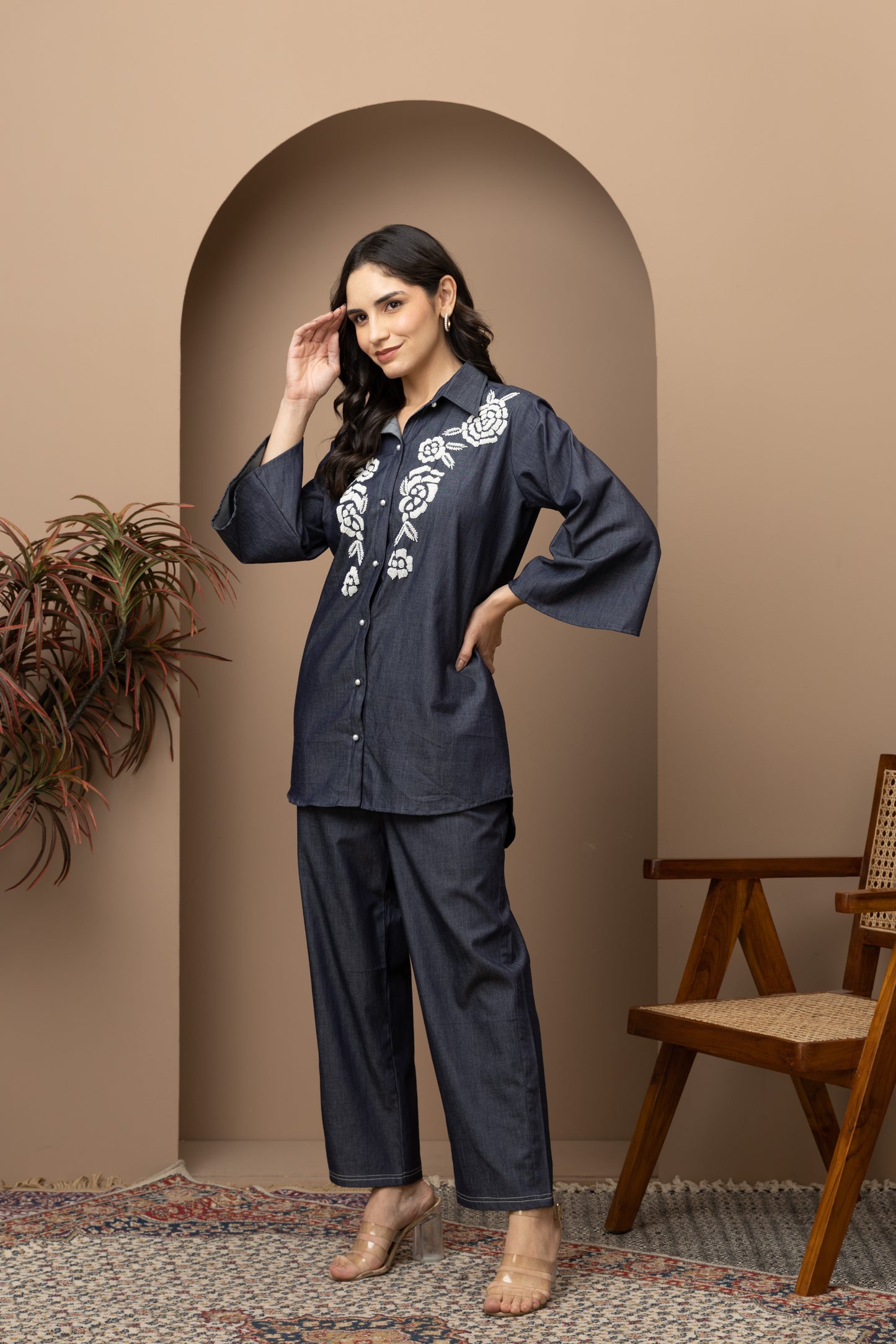 Blue Denim Pearl Embroidered Coord Set (Set of 2)