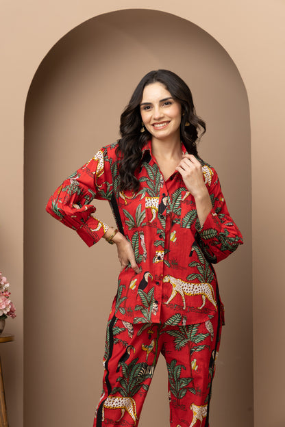 Red Jungle Printed Cotton Coord Set (Set of 2)  Bold & Stylish Casual Wear with Tropical Prints