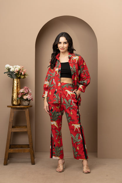 Red Jungle Printed Cotton Coord Set (Set of 2)  Bold & Stylish Casual Wear with Tropical Prints