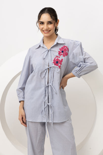 Striped Blue Tie-Up Coord Set (Set of 2) Trendy Casual Wear with Chic Tie-Up Detailing