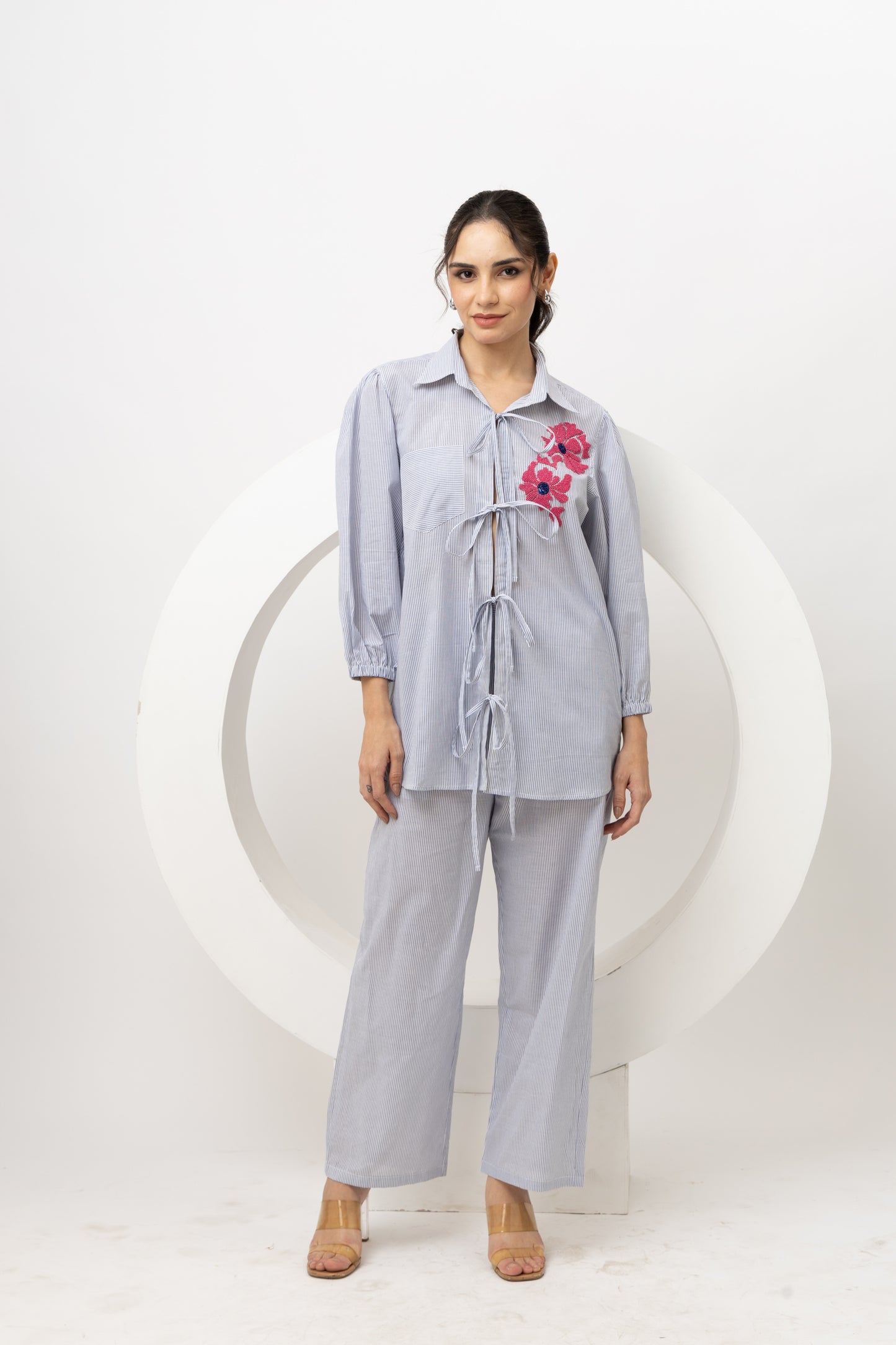 Striped Blue Tie-Up Coord Set (Set of 2) Trendy Casual Wear with Chic Tie-Up Detailing