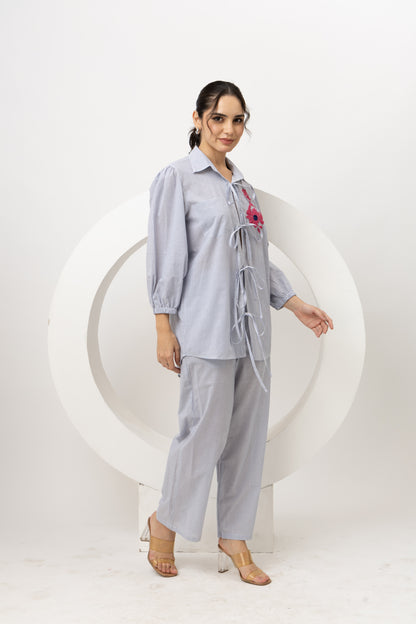 Striped Blue Tie-Up Coord Set (Set of 2) Trendy Casual Wear with Chic Tie-Up Detailing